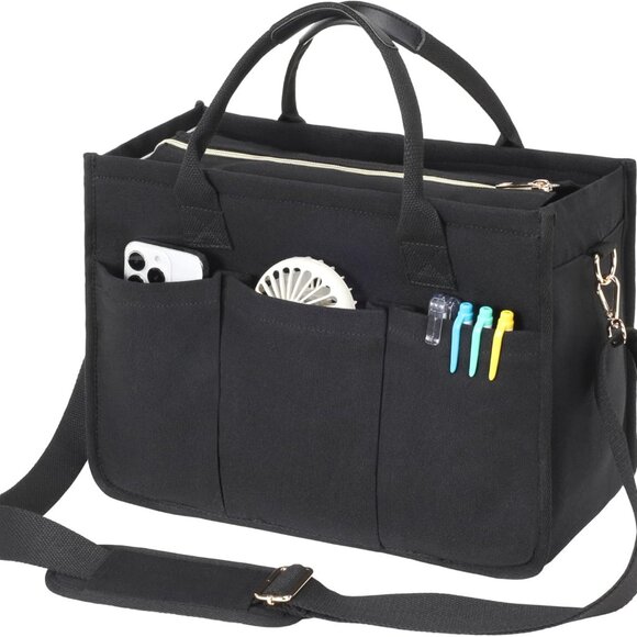 Black large canvas tote bag with zipper, 8 pockets, and adjustable strap for sch - Picture 1 of 8